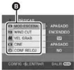 B MOD ESCENA WIND CUT VEL GRAB CINE CONF RELOJ APAGADO ENCENDIDO APAGADO NO CONFIGO ENTRAR SALBI