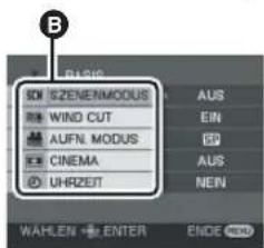 B SIZENEMODUS WIND CUT AUFN. MODUS CINEMA UHRZEIT AUS EIN 50 AUS NEIN WAHLEN ENTER ENDE