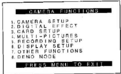 CAMERA FUNCTIONS 1. CAMERA SETUP 2. DIGITAL EFFECT 3. CARD SETUP 4. MULTI-PICTURES 5. RECORDING SETUP 6. DISPLAY SETUP 7. OTHER FUNCTIONS 8. DEMO MODE PRESS MENU TO EXIT