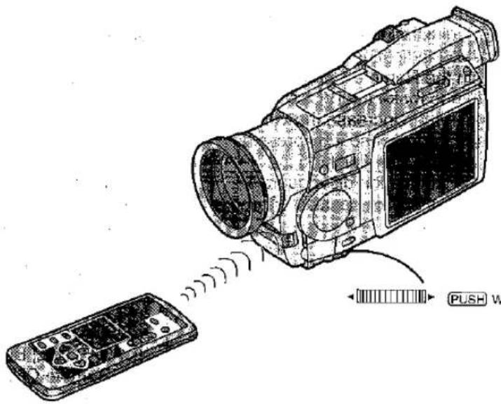 Diagram showing a digital camera connected to a remote control via a Push W button, with visible signal waves and control buttons.