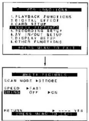 YOG FUNCTIONS 1. PLAYBACK FUNCTIONS 2. DIGITAL EFFECT 3. CARD SETUP 4. BUILD PICTURE 5. RECORDING SETUP 6. AV IN/OUT SETUP 7. DISPLAY SETUP 8. OTHER FUNCTIONS PULS MENU TO EBIT MULTI PICTURES SCAN MODE ►STROBE SPEED ►FAST SWING OFF ►ON RETURN ►---- YES TURS MENU TO EBIT