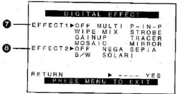 DIGITAL EFFECT 7 EFFECT1▶OFF MULTI P-IN-P WIPE MIX STROBE GAINUP TRACER MOSAIC MIRROR 8 EFFECT2▶OFF NEGA SEPIA B/W SOLARI RETURN ▶ ---- YES PRESS MENU TO EXIT