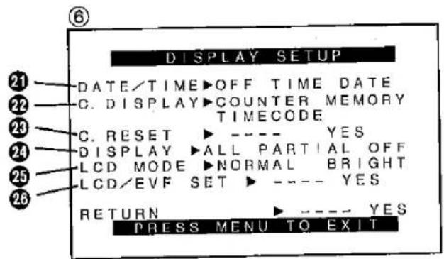 DISPLAY SETUP DATE/TIME OFF TIME DATE C. DISPLAY COUNTER MEMORY TIMECODE C. RESET --- YES DISPLAY ALL PARTIAL OFF LCD MODE NORMAL BRIGHT LCD/EVF SET --- YES RETURN --- YES PRESS MENU TO EXIT