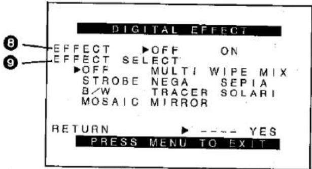 DIGITAL EFFECT EFFECT ▶OFF ON EFFECT SELECT ▶OFF MULTI WIPE MIX STROBE NEGA SEPIA B/W TRACER SOLARI MOSAIC MIRROR RETURN ▶ ---- YES PRESS MENU TO EXIT