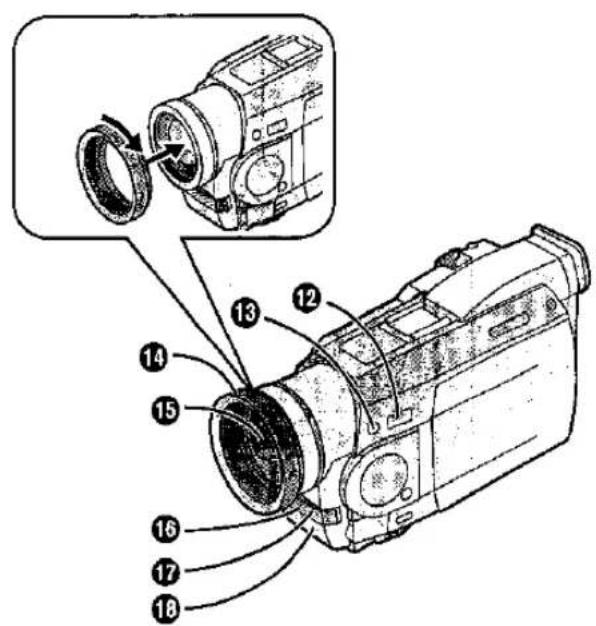 Technical diagram of a digital camera with numbered parts and an inset showing the camera's internal structure.
