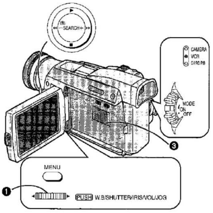 SEARCH+ CAMERA VCR CARD PB MODE ON OFF MENU PUSH W.B/SHUTTER/IRIS/VOL/JOG