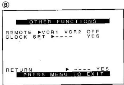 OTHER FUNCTIONS REMOTE ▶VCR1 VCR2 OFF CLOCK SET ▶---- YES RETURN ▶---- YES PRESS MENU TO EXIT