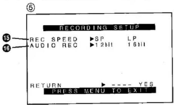 RECORDING SETUP REC SPEED ▶SP LP AUDIO REC ▶1 2bit 1 6bit RETURN ▶ ---- YES PRESS MENU TO EXIT