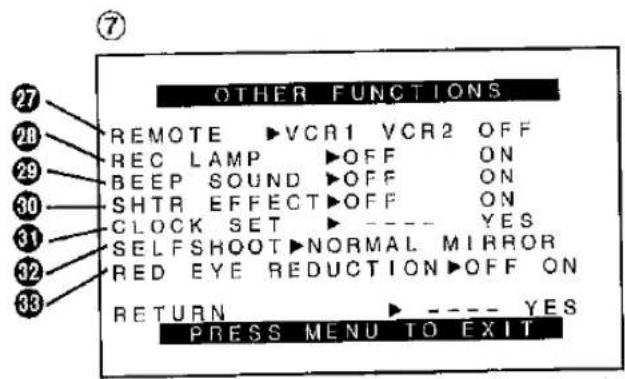 OTHER FUNCTIONS REMOTE ▶ VCR1 VCR2 OFF REC LAMP ▶ OFF ON BEEP SOUND ▶ OFF ON SHTR EFFECT ▶ OFF ON CLOCK SET ▶ ---- YES SELF SHOOT ▶ NORMAL MIRROR RED EYE REDUCTION ▶ OFF ON RETURN ▶ ---- YES PRESS MENU TO EXIT
