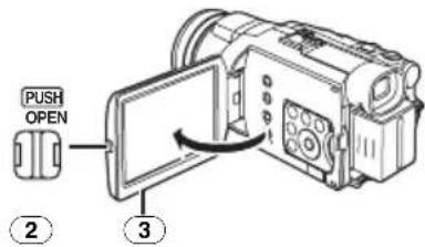 PANASONIC NV-GS400GD - [PUSH OPEN] 버튼 ②를 누르고 LCD 모니터 ③을 화살표 방향으로 당갑니다. - 1