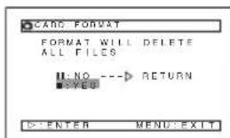 CAND FORMAT FORMAT WILL DELETE ALL FILES H: NO ---→ RETURN ■ YES D: ENTER MENU: EXIT
