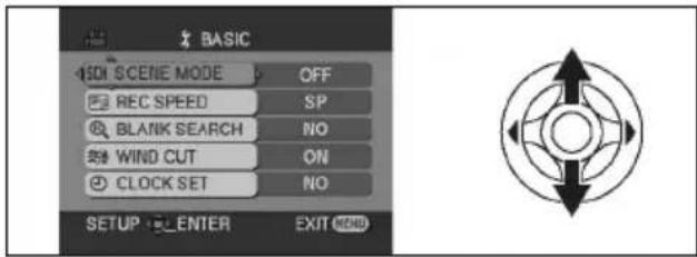 BASIC SDI SCENE MODE OFF REC SPEED SP BLANK SEARCH NO WIND CUT ON CLOCK SET NO SETUP ENTER EXIT MIND