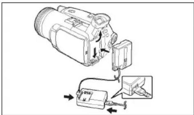 Diagram showing a camera with internal components and a close-up of the device's cable, labeled in English.