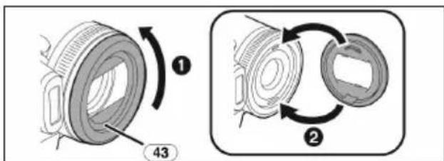 Technical diagram showing two mechanical assembly steps with numbered components and directional arrows indicating motion or rotation.