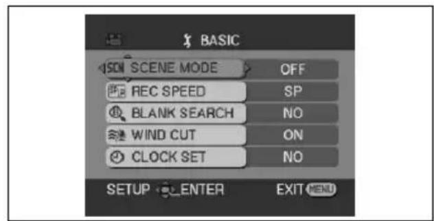 BASIC SON SCENE MODE OFF REC SPEED SP BLANK SEARCH NO WIND CUT ON CLOCK SET NO SETUP ENTER EXIT MENU