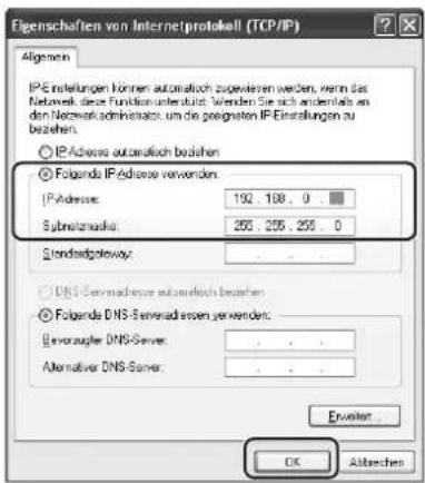 PANASONIC Panafax UF-8300 - Wählen Sie "Folgende IP-Adresse verwenden:", geben Sie die "IP-Adresse" und "Subnetzmaske" ein, und klicken Sie dann auf "OK". - 1