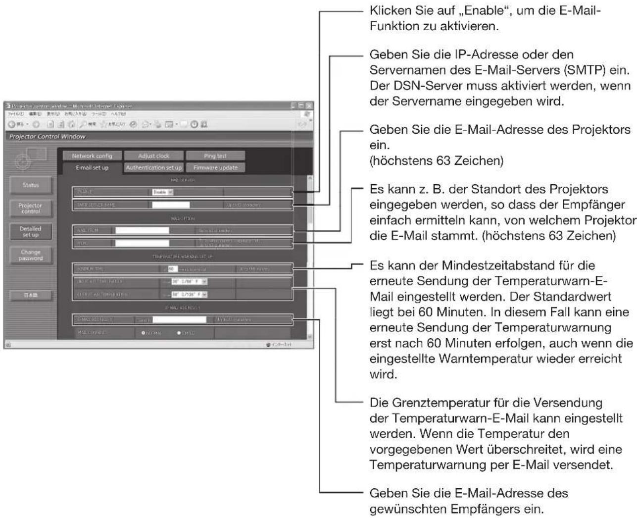Projector Control Window Projector Control Window Network config Adjust clock Ping test E-mail set up Authentication set up Firmware update Status Projector control Detailed set up Change password 348 Klicken Sie auf „Enable“, um die E-Mail-Funktion zu aktivieren. Geben Sie die IP-Adresse oder den Servernamen des E-Mail-Servers (SMTP) ein. Der DSN-Server muss aktiviert werden, wenn der Servername eingegeben wird. Geben Sie die E-Mail-Adresse des Projektors ein. (höchstens 63 Zeichen) Es kann z. B. der Standort des Projektors eingegeben werden, so dass der Empfänger einfach ermitteln kann, von welchem Projektor die E-Mail stammt. (höchstens 63 Zeichen) Es kann der Mindestzeitabstand für die erneute Sendung der Temperaturwarn-E-Mail eingestellt werden. Der Standardwert liegt bei 60 Minuten. In diesem Fall kann eine erneute Sendung der Temperaturwarnung erst nach 60 Minuten erfolgen, auch wenn die eingestellte Warntemperatur wieder erreicht wird. Die Grenztemperatur für die Versendung der Temperaturwarn-E-Mail kann eingestellt werden. Wenn die Temperatur den vorgegebenen Wert überschreitet, wird eine Temperaturwarnung per E-Mail versendet. Geben Sie die E-Mail-Adresse des gewünschten Empfängers ein.