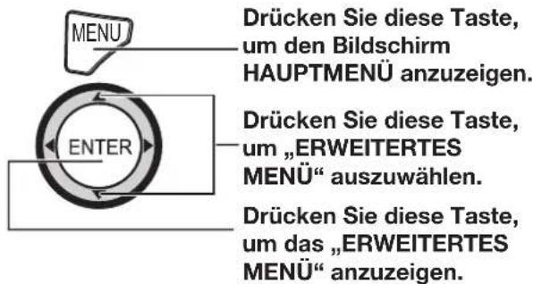MENU DRücken Sie diese Taste, um den Bildschirm HAUPTMENÜ anzuzeigen. ENTER DRücken Sie diese Taste, um „ERWEITERTES MENÜ“ auszuwählen. DRücken Sie diese Taste, um das „ERWEITERTES MENÜ“ anzuzeigen.