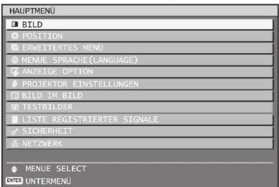 HAUPTMENÜ BILD POSITION ERWEITERTES MENU MENUE SPRACHE(LANGUAGE) ANZEIGE OPTION PROJEKTOR EINSTELLUNGEN BILD IM BILD TESTBILDER LISTE REGISTRIERTER SIGNALE SICHERHEIT NETZWERK MENUE SELECT ENTER UNTERMENÜ