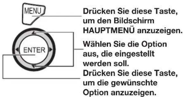 MENU DRücken Sie diese Taste, um den Bildschirm HAUPTMENÜ anzuzeigen. Wählen Sie die Option aus, die eingestellt werden soll. Drücken Sie diese Taste, um die gewünschte Option anzuzeigen.