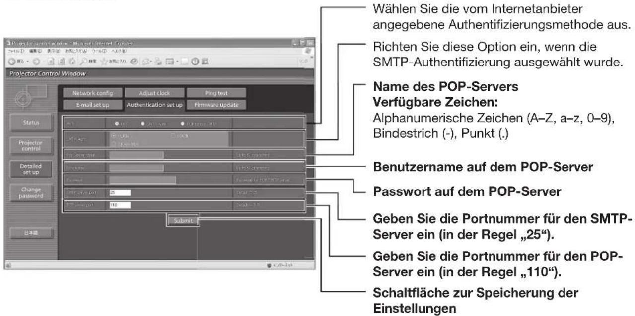 Projector Control Window - Microsoft Internet Explorer Wählen Sie die vom Internetanbieter angegebene Authentifizierungsmethode aus. Richten Sie diese Option ein, wenn die SMTP-Authentifizierung ausgewählt wurde. Name des POP-Servers Verfügbare Zeichen: Alphanumerische Zeichen (A-Z, a-z, 0-9), Bindestrich (-), Punkt (.) Benutzername auf dem POP-Server Password auf dem POP-Server Geben Sie die Portnummer für den SMTP-Server ein (in der Regel „25“). Geben Sie die Portnummer für den POP-Server ein (in der Regel „110“). Schaltfläche zur Speicherung der Einstellungen