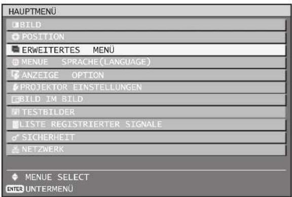 HAUPTMENÜ BILD POSITION ERWEITERTES MENÜ MENUE SPRACHE (LANGUAGE) ANZEIGE OPTION PROJEKTOR EINSTELLUNGEN BILD IM BILD TESTBILDER LISTE REGISTRIERTER SIGNALE SICHERHEIT NETZWERK MENUE SELECT ENTER UNTERMENÜ