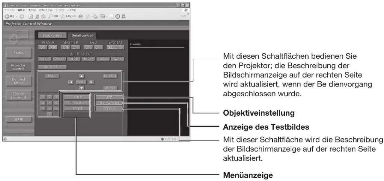 Projector Control Window - Microsoft Internet Explorer Projector Control Window Basic control Detail control POWER SHUTTER OSD SYSTEM ONI ONI ONI ONI SELECT INDEG SHEECU REG11 HGB2 TRUG5 AUX AUTOMULIC MENU DEFAULT RESET PINF FNS NEVERESY TESTATION GETED Mit diesen Schaltflächen bedienen Sie den Projektor; die Beschreibung der Bildschirmanzeige auf der rechten Seite wird aktualisiert, wenn der Be dienvorgang abgeschlossen wurde. Objektiveinstellung Anzeige des Testbildes Mit dieser Schaltfläche wird die Beschreibung der Bildschirmanzeige auf der rechten Seite aktualisiert. Menüanzeige