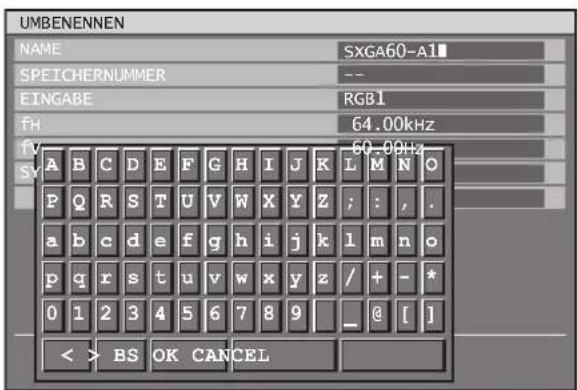UMBENENNEN NAME SXGA60-A1 SPEICHERNUMMER -- EINGABE RGB1 fH 64.00kHz fV 60.00Hz SY A B C D E F G H I J K L M N O P Q R S T U V W X Y Z ; : , . a b c d e f g h>i j k l m n{o p(q r s t,u v w x y_z/ + - * 0 1 2 3 4 5 6 7 8 9 _ @ [ ] < > BS OK CANCEL