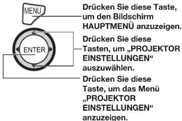 MENU DRücken Sie diese Taste, um den Bildschirm HAUPTMENÜ anzuzeigen. ENTER Drücken Sie diese Tasten, um „PROJEKTOR EINSTELLUNGEN“ auszuwählen. Drücken Sie diese Taste, um das Menü „PROJEKTOR EINSTELLUNGEN“ anzuzeigen.