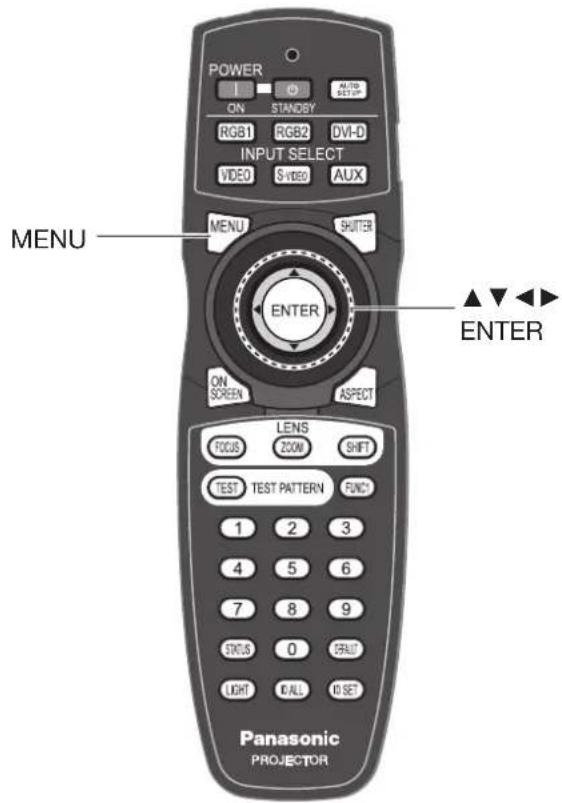 POWER ON STANDBY RGB1 RGB2 DVI-D INPUT SELECT VIDEO S VIDEO AUX MENU SHUTTER ENTER ON SCREEN ASPECT LENS FOCUS ZOOM SHIFT TEST TEST PATTERN FUNC 1 2 3 4 5 6 7 8 9 STATUS 0 DEFAULT LIGHT CALL TO SET Panasonic PROJECTOR MENU ENTER ▲▼◀▶