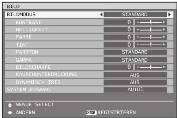 BILD BILDMODUS STANDARD KONTRAST 0 - - HELLIGKEIT 0 - - FARBE 0 - - TINT 0 - - FARBTON STANDARD GAMMA STANDARD BILDSCHÄRFE 0 - - RAUSCHUNTERDRÜCKUNG AUS DYNAMISCH IRIS AUS SYSTEM AUSWAHL AUTO1 ◆ MENUE SELECT ◆ ÄNDERN ENTER REGISTRIEREN