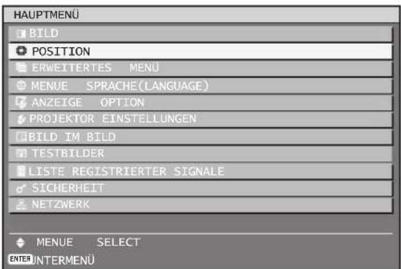 HAUPTMENU BILD POSITION ERWEITERTES MENU MENUE SPRACHE(Language) ANZEIGE OPTION PROJEKTOR EINSTELLUNGEN BILD IM BILD TESTBILDER LISTE REGISTRIERTER SIGNALE SICHERHEIT NETZWERK MENUE SELECT ENTER INTERMENU