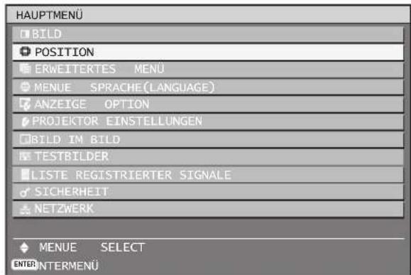 HAUPTMENU BILD POSITION ERWEITERTES MENU MENUE SPRACHE (LANGUAGE) ANZEIGE OPTION PROJEKTOR EINSTELLUNGEN BILD IM BILD TESTBILDER LISTE REGISTRIERTER SIGNALE SICHERHEIT NETZWERK MENUE SELECT ENTER INTERMENU