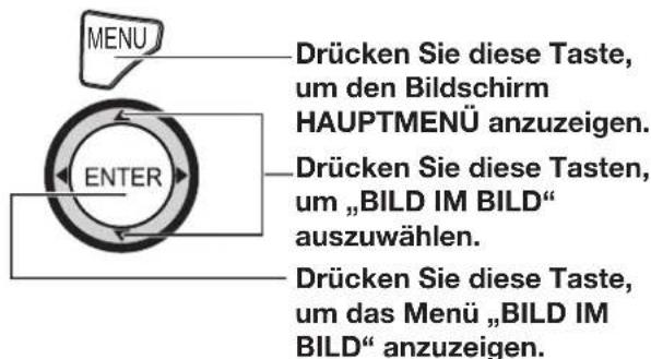 MENU DRücken Sie diese Taste, um den Bildschirm HAUPTMENÜ anzuzeigen. ENTER Drücken Sie diese Taste, um „BILD IM BILD“ auszuwählen. Drücken Sie diese Taste, um das Menü „BILD IM BILD“ anzuzeigen.