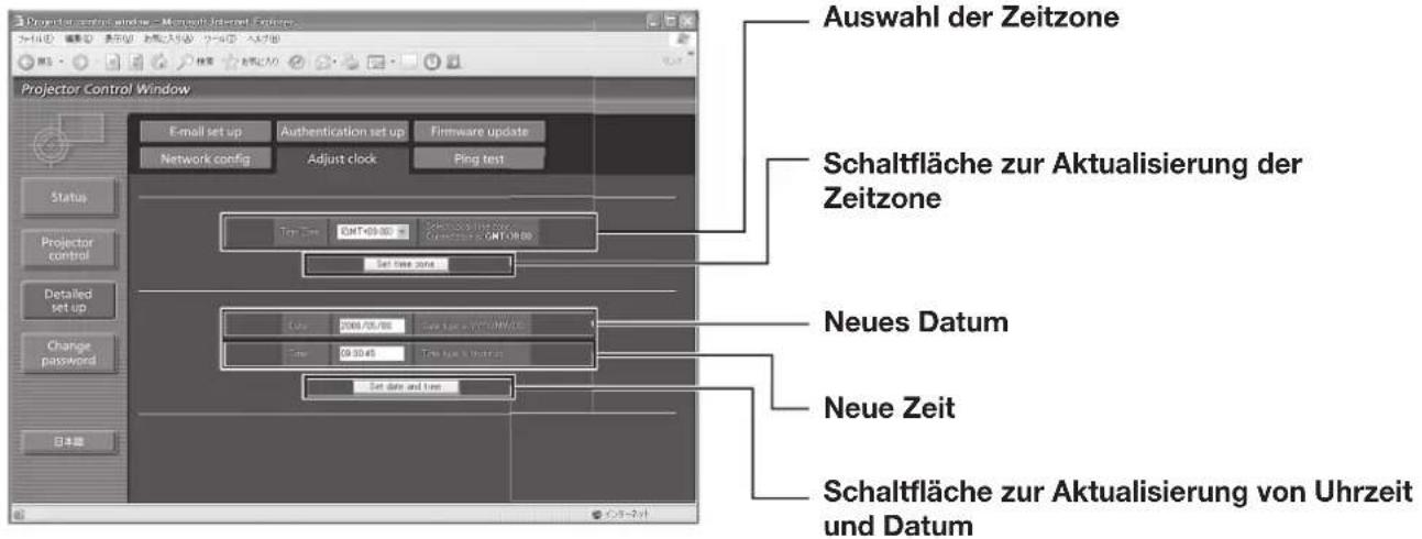 Projector Control Window - Microsoft Internet Explorer File Edit View Insert Help 插入范围 Projector Control Window Email set up Authentication set up Firmware update Network config Adjust clock Ping test Status Projector control Detailed set up Change password 日本語 Auswahl der Zeitzone Schaltfläche zur Aktualisierung der Zeitzone Neues Datum Neue Zeit Schaltfläche zur Aktualisierung von Uhrzeit und Datum
