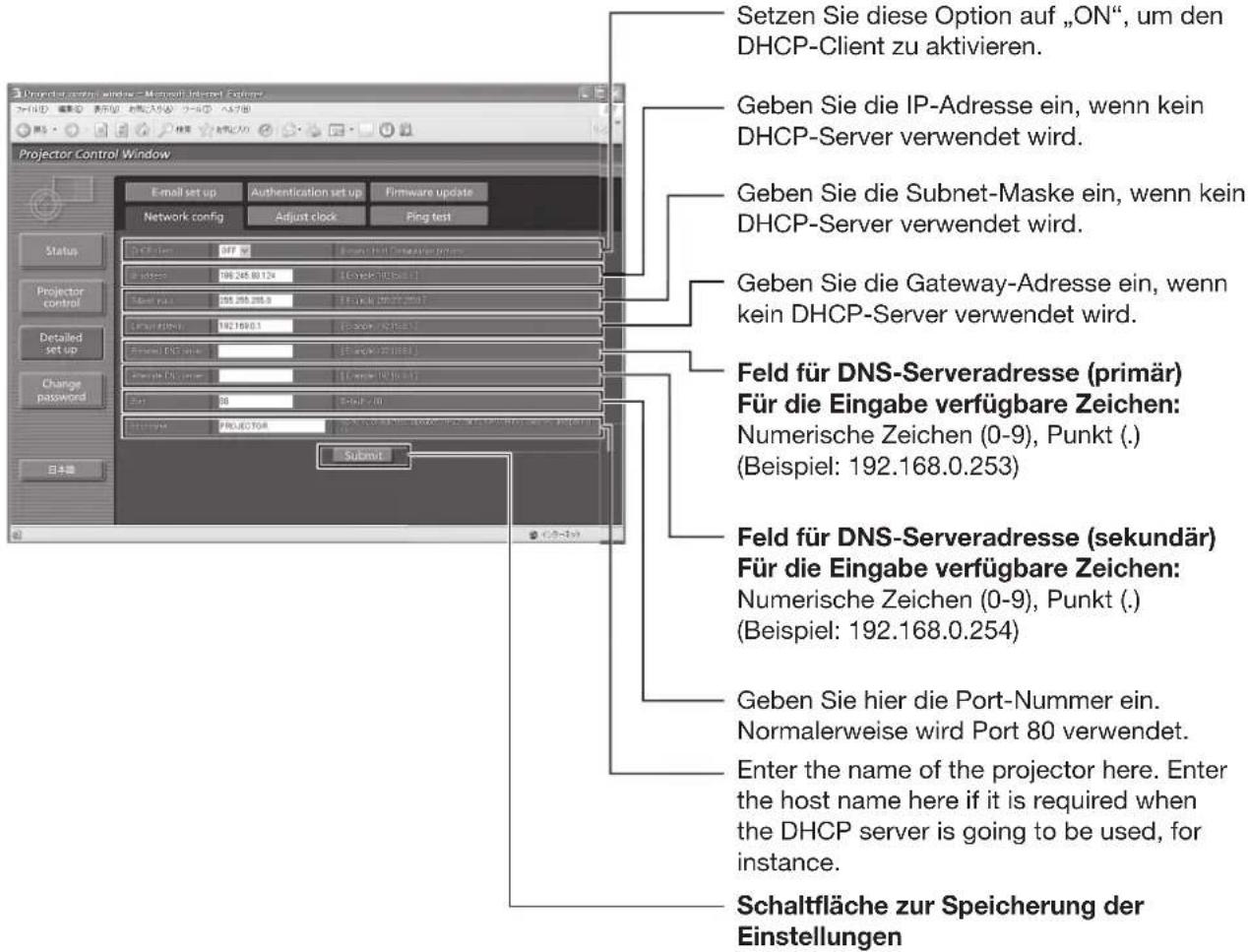 Setzen Sie diese Option auf „ON“, um den DHCP-Client zu aktivieren. Geben Sie die IP-Adresse ein, wenn kein DHCP-Server verwendet wird. Geben Sie die Subnet-Maske ein, wenn kein DHCP-Server verwendet wird. Geben Sie die Gateway-Adresse ein, wenn kein DHCP-Server verwendet wird. Feld für DNS-Serveradresse (primär) Für die Eingabe verfügbare Zeichen: Numerische Zeichen (0-9), Punkt (.) (Beispiel: 192.168.0.253) Feld für DNS-Serveradresse (sekundär) Für die Eingabe verfügbare Zeichen: Numerische Zeichen (0-9), Punkt (.) (Beispiel: 192.168.0.254) Geben Sie hier die Port-Nummer ein. Normalerweise wird Port 80 verwendet. Enter the name of the projector here. Enter the host name here if it is required when the DHCP server is going to be used, for instance. Schaltfläche zur Speicherung der Einstellungen