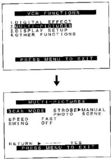 VCR FUNCTIONS 1. DIGITAL EFFECT 2. MULTI-PICTURES 3. DISPLAY SETUP 4. OTHER FUNCTIONS PRESS MENU TO EXIT MULTI-PICTURES SCAN MODE STROBE MANUAL SPEED FAST SCENE SWING OFF RETURN >> YES PRESS MENU TO EXIT