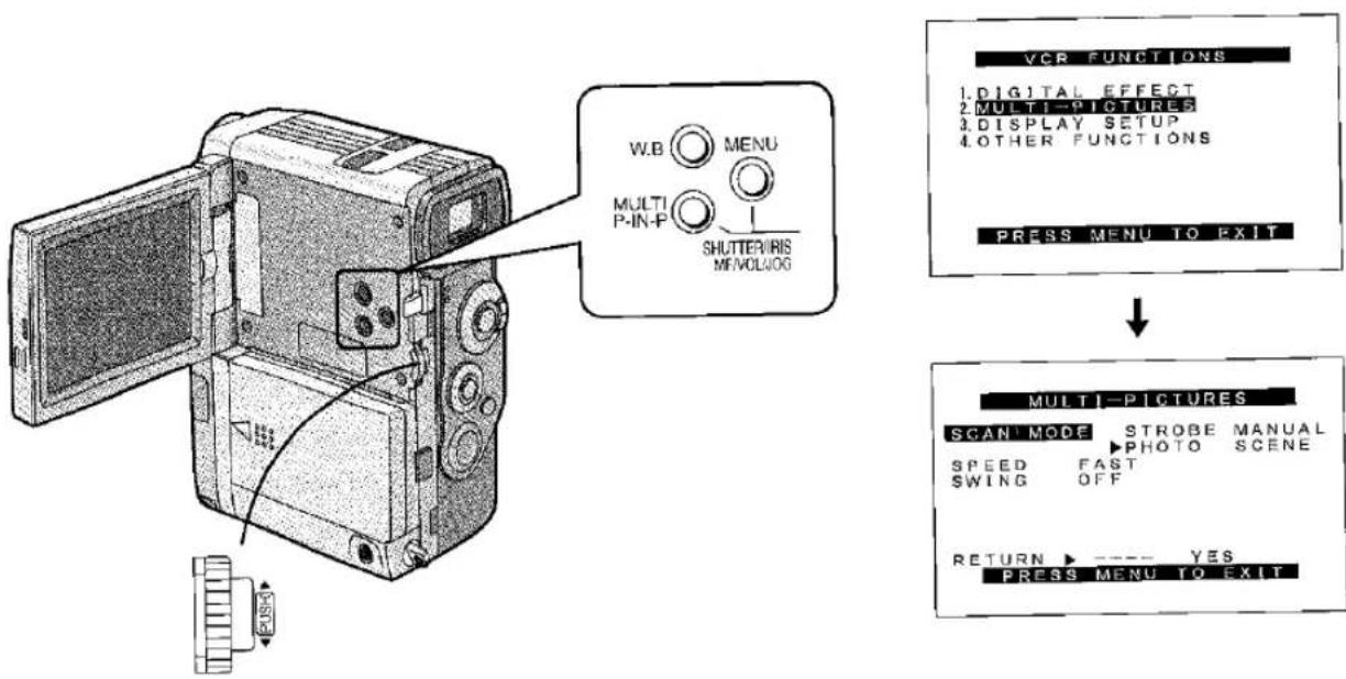 W.B MENU MULTI P-IN-F SHUTTERIS MEVOLUOG VCR FUNCTIONS 1. DIGITAL EFFECT 2. MULTI-PICTURES 3. DISPLAY SETUP 4. OTHER FUNCTIONS PRESS MENU TO EXIT MULTI-PICTURES SCAN MODE STROBE MANUAL SPEED PHOTO SCENE SWING OFF RETURN YES PRESS MENU TO EXIT