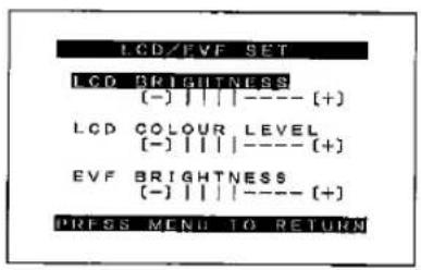 LCD/EVF SET LCD BRIGHTNESS (-) | | | ---- [+] LCD COLOUR LEVEL (-) | | | ---- [+] EVF BRIGHTNESS (-) | | | ---- [+] PRESS MENU TO RETURN