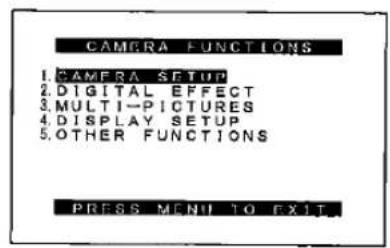 CAMERA FUNCTIONS 1.CAMERA SETUP 2.DIGITAL EFFECT 3.MULTI-PICTURES 4.DISPLAY SETUP 5.OTHER FUNCTIONS PRESS MENU TO EXIT.