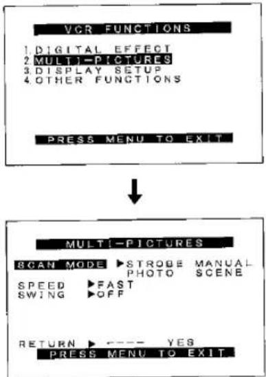 VCR FUNCTIONS 1 DIGITAL EFFECT 2 MULTI-P CIPTURES 3 DISPLAY SETUP 4 OTHER FUNCTIONS PRESS MENU TO EXIT MULTI-PICTURES SCAN MODE ▶STROBE MANUAL PHOTO SCENE SPEED ▶FAST SWING ▶OFF RETURN ▶---- YES PRESS MENU TO EXIT