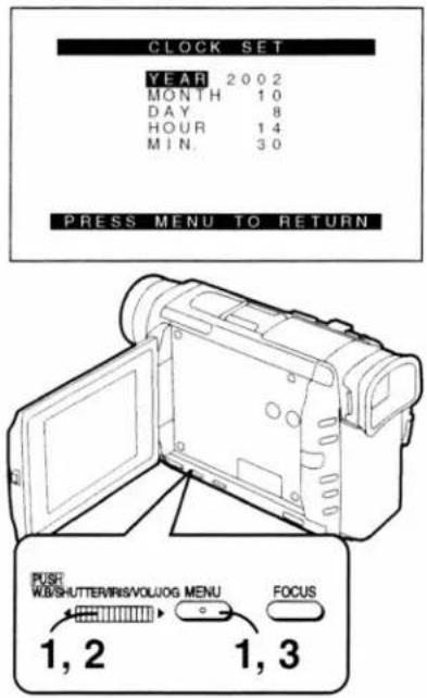 CLOCK SET YEAR 2002 MONTH 10 DAY 8 HOUR 14 MIN. 30 PRESS MENU TO RETURN PUSH WB/SHUTTER/IRIS/VOLUOG MENU FOCUS 1, 2 1, 3