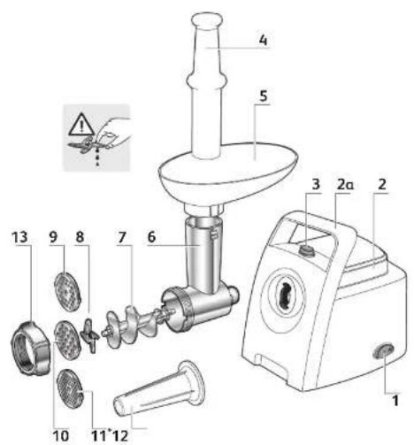 Technical diagram of a manual washing machine with numbered parts and warning symbol
