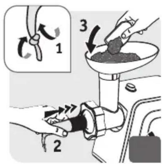 Diagram illustrating a manual tool application with labeled steps 1, 2, and 3 showing the process of handling a granular substance in a container.