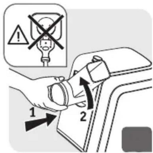 Diagram showing a hand using a switch to adjust a device, with warning symbols and numbered arrows indicating steps 1 and 2.