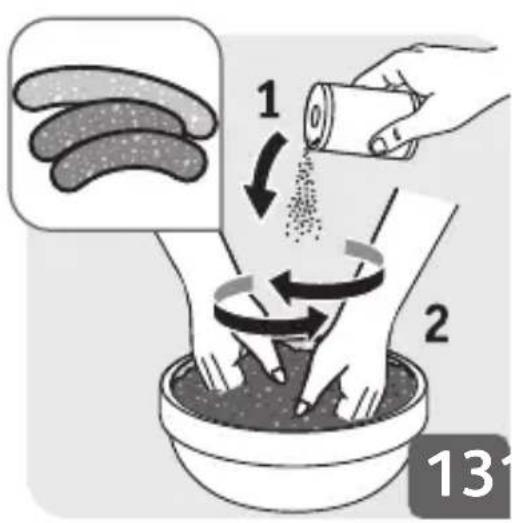 Illustration showing food preparation steps with labeled arrows and a magnified inset of raw meat