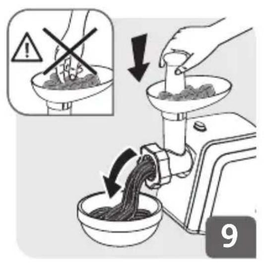Illustration showing food being processed using a sewing machine, with warning symbols and a numbered step indicator.