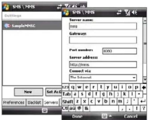 SMS \ MMS Settings SampleMMSC Server name: mms Gateway1 Port numbers: 8080 Server address: http://mms Connect via: The Internet 123 q w e r t y u i o p Tab a s d f g h j k l - Shift z x c v b n m ; * Ctrl aü @ & _ Done Cancel