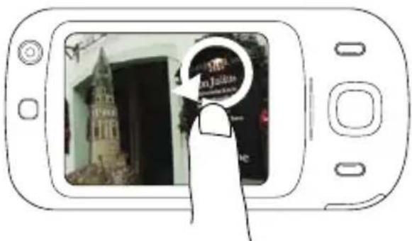 Digital camera screen displaying a photo with 'In Japan' logo and a circular icon highlighting it.