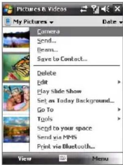 Pictures & Videos My Pictures Date Camera Send... Beam... Save to Contact... Delete Edit Play Slide Show Set as Today Background... Go To Tools Send to your space Send via MMS Print via Bluetooth... View Menu